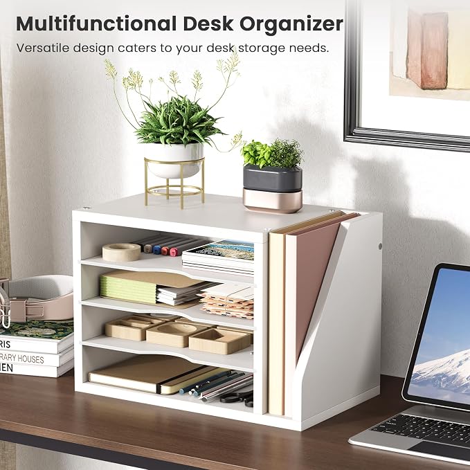 Creso hom Mail Sorter, File Organizer Desktop, Wood Desk Organizer with 3 Adjustable Shelves, Mail Holder for Office, Home, Letter Sorter File Holders for Envelopes, Mail Supplies Magazines, White | Mail Sorter, File Organizer Desktop, Mail Holder for ... - Image 3