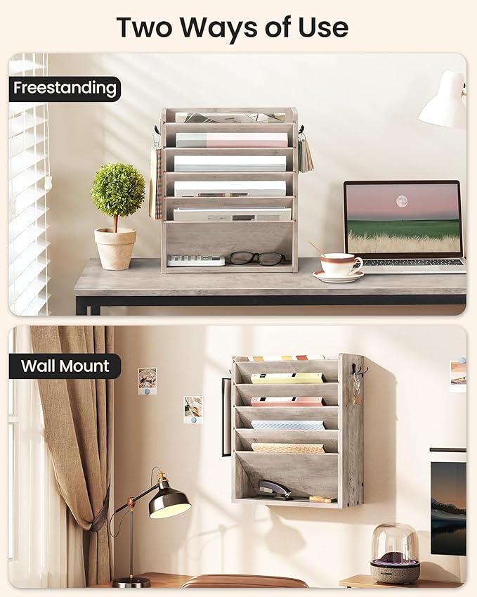 Wall File Organizer, 6-Tier Vertical Mount Hanging Holder with 2 Side Hooks, Modern Wooden Magazine Storage Holder with Bottom Tray, Desk Organizer, for Office, Home, Greige MWJ01FH - Image 4