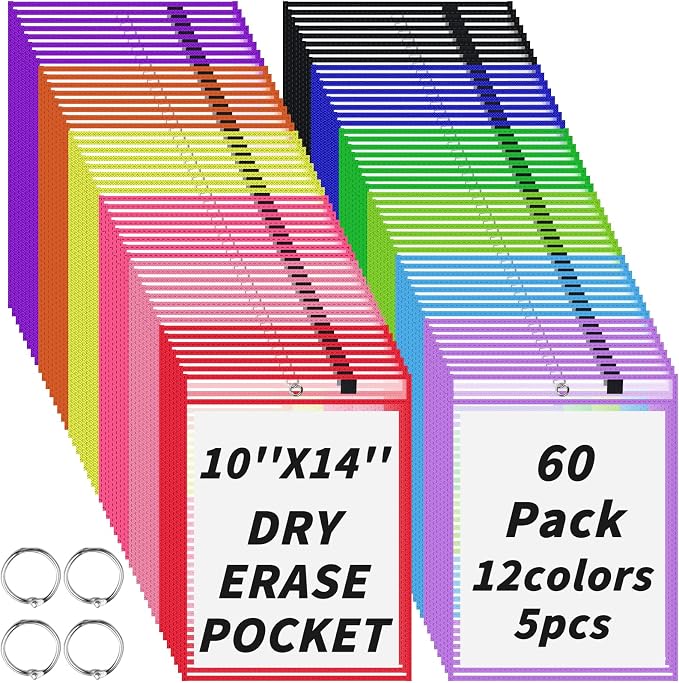 60 Packs Dry-Erase Pockets Bulk Oversized Reusable Dry Erase Pocket Sleeves with 4 Rings, 12 Assorted Colors 10x14 Ticket Holders, Clear Plastic Sheet Protectors, Teacher School Classroom Supplies - Image 8