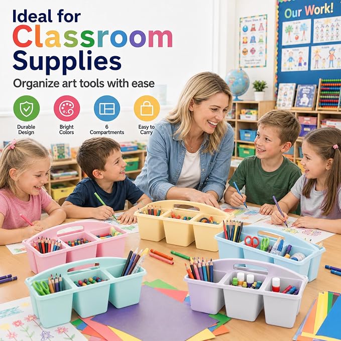 6 Pack Assorted Colors 6 Compartment Classroom Caddy with Handle Portable Plastic Storage Classroom Caddies Organizer for Classrooms Supply Teacher Office Table Desk(Pink Purple) - Image 5