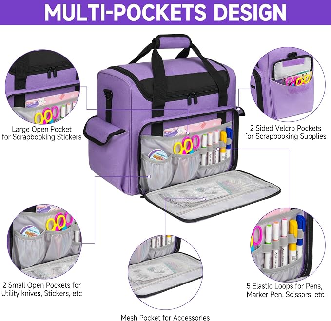 Craft Bag for Scrapbook Supplies, Large Scrapbook Tote with 15.6'' Laptop Sleeve, Art Supply Storage Bag with Multiple Pockets for Scrapbooking Tools, Purple - Image 3