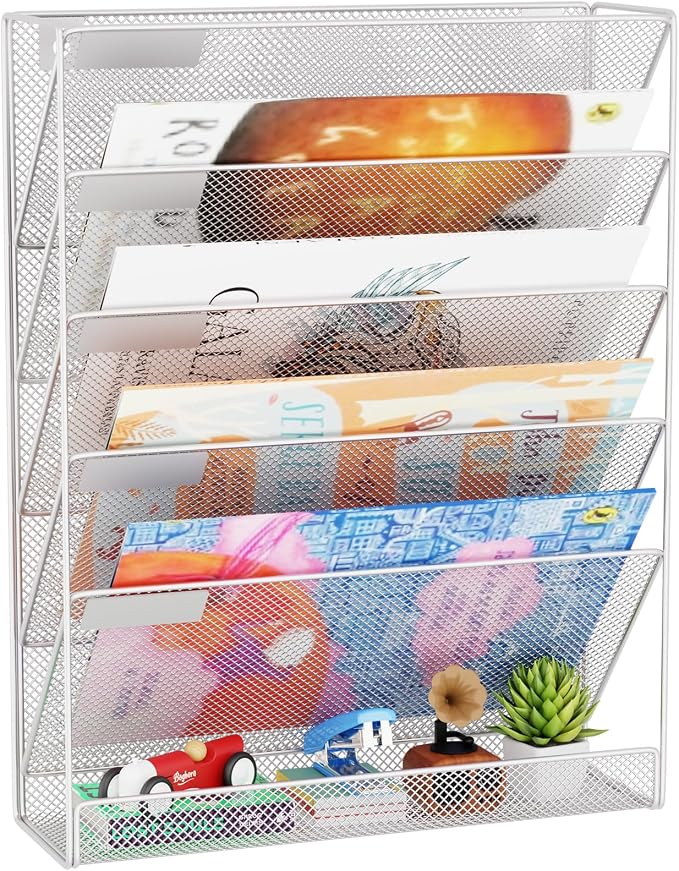 Wall File Organizer Holder Mesh Hanging Paper Document Holder, Vertical 6 Pocket Tier for Office Home, Silver by GDINDINFAN
