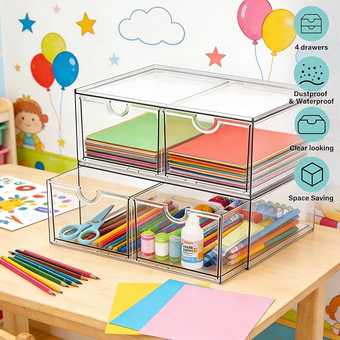 Prsildan Acrylic Storage Drawers Clear Makeup Organizer with 4 Drawers | Transparent, Stackable, For Vanity Bathroom Kitchen Cabinets Office Desk Undersink, Cosmetics Toiletries Home Small Items - Image 7