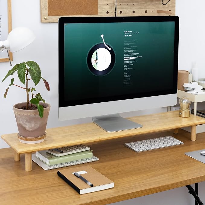 Bamboo Dual Monitor Stand Riser, Natural Desk Shelf with Storage | 39.37-Inch Wide, 3.5-Inch Clearance, Fits Keyboards, Soundbars and Two 24-Inch Monitors for Home Office by Rocdeer