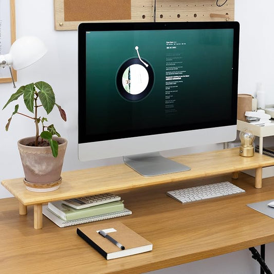 Bamboo Dual Monitor Stand Riser, Natural Desk Shelf with Storage | 39.37-Inch Wide, 3.5-Inch Clearance, Fits Keyboards, Soundbars and Two 24-Inch Monitors for Home Office by Rocdeer