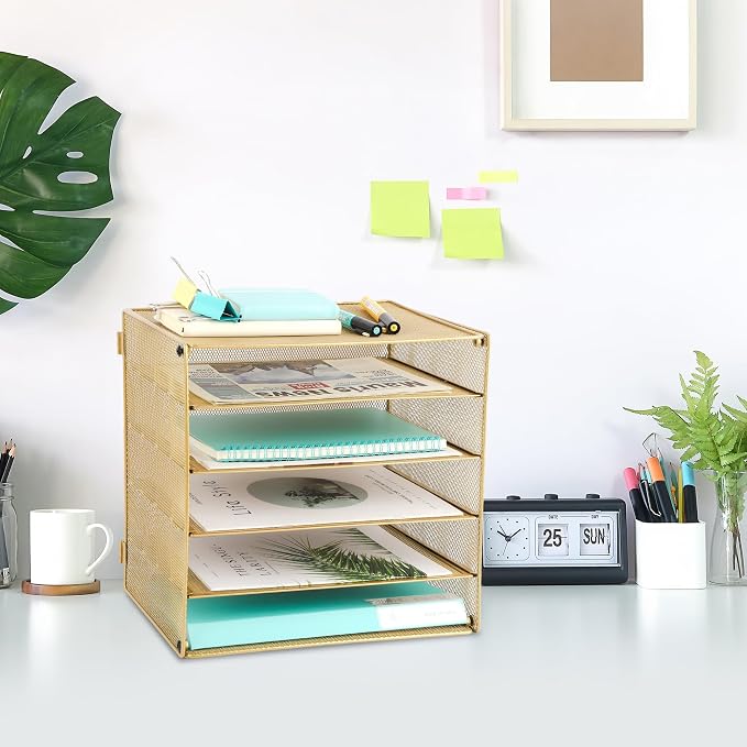 5 Slot Mesh Desk Organizer Tray, File Paper Letter Folder Holder Desktop Paper Sorter Mail Organization Rack Storage Accessories, for Office Home School Classroom, Gold - Image 6