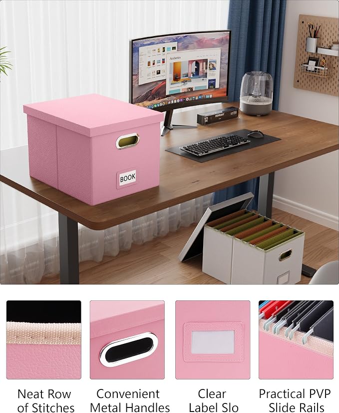 File Organizer Box,Filing Box with Lid,File Box for Letter/Legal File Folder Storage, Portable Hanging File Box for Office/Decor/Home,1 Pack, Pink(Leather),Box only - Image 5