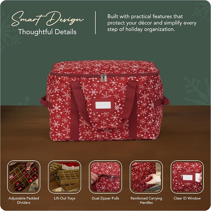 Covermates Keepsakes Adjustable Ornament Storage Bag – Heavy-Duty Polyester, Padded Dividers & FlexGrid Trays – Protective Holiday Ornament Organizer with Handles & Label Window, Red Snowflake - Image 4