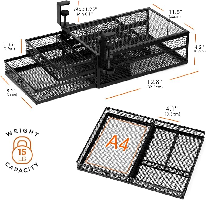 Under Desk Drawer, Clamp on Desk Organizer Slide Out Table Storage No Drill | 2Tier Under desk drawer: clamp on desk organizer, under desk drawer slide out, hanging desk organizer, no drill table storage - Image 3