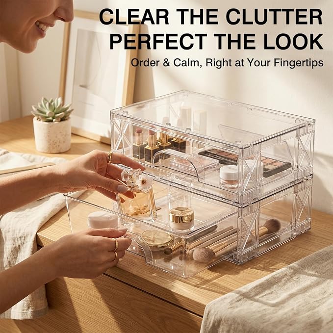 Clear Stackable Storage Drawers 2 Pack 3.5in Organizer Plastic Bins | Clear Plastic, Pull-Out Drawers, Easy Assembly, Stackable Design, for Cosmetics Bathroom Kitchen and Cabinet Storage - Image 6