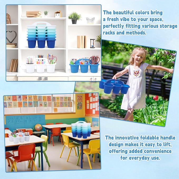6 Pack Classroom Caddy Organizer with Handle Gradient Blue Plastic Table Caddy Drink Cup Caddies Holder 12x9x3.5 Inches Storage School Supplies 6 Compartments for Table Crayon Pencil Cup Marker Craft - Image 6