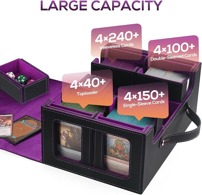 Trading Card Storage Box for MTG, MTG commander deck box，Multi-purpose Deck Case for MTG TCG Sports Card, 4 Toploaders, 4 Stoppers, 4 Colorful Dividers (Black & Purple) - Image 2