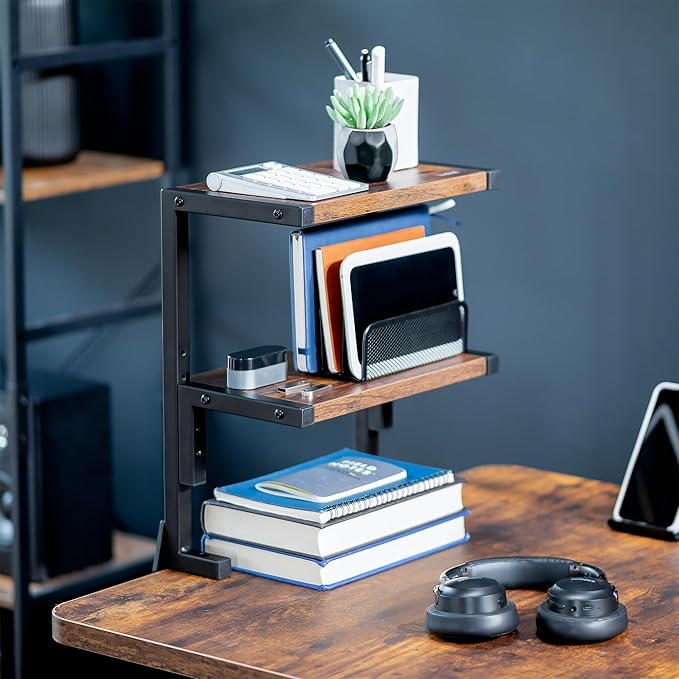 VIVO Vintage Brown Clamp-on 13 inch 2-Tier Desk Shelf, STAND-SHELF2C-N | Above or Below Desk, Rustic 2 Level Shelving Unit for Table Accessories Gaming Devices & More, Storage Tray Desktop Organizer - Image 2