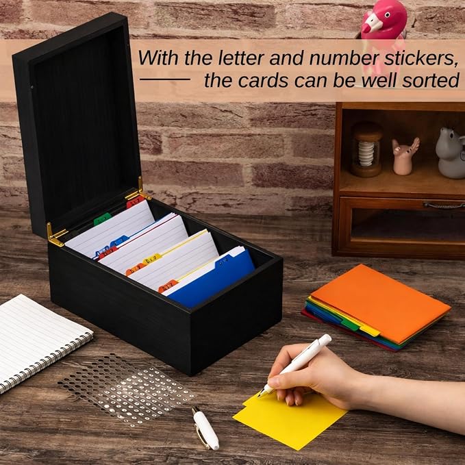 4 x 6 Inch Index Card Holder Set, Bamboo Organizer Box with 50 Dividers & 2 Sheets Alphabet Number Stickers File Note Holders, Holds 1200 Cards for Office Business Home Kitchen, Black - Image 5