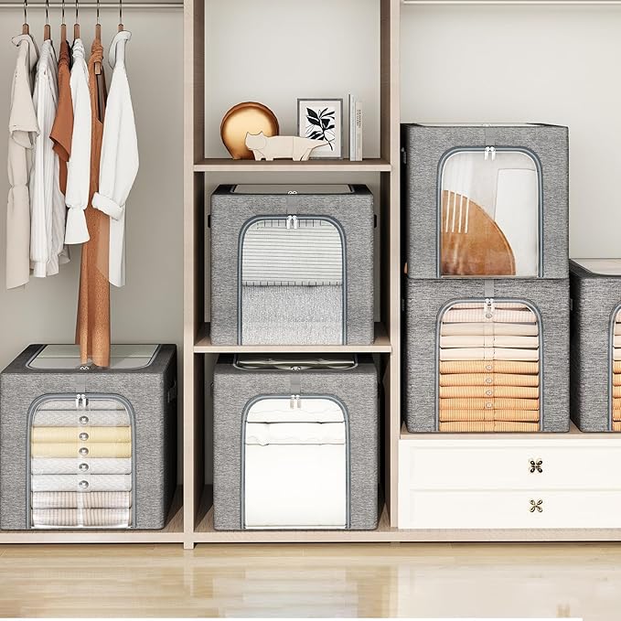GoMaihe Clothes Storage Bins with Metal Frame for Closet, 40L 4-Pack Grey | Sweaters Hoodies Jeans T-Shirt, Closet Top Shelf Organizer, Steel Frame Collapse-Proof, Stackable, Clear Window, Dual Access - Image 6