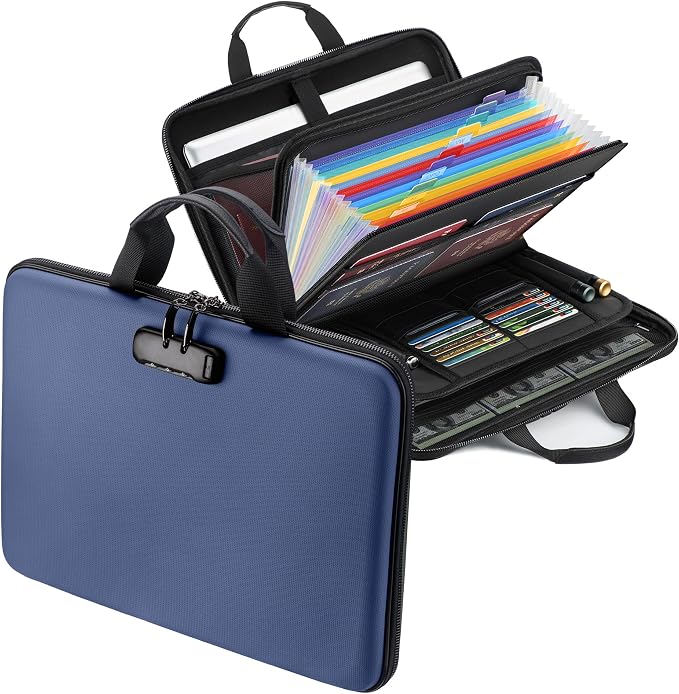 Fireproof Document Box with Lock, Hard-Shell Case Fireproof File Organizer with 13 Pocket Accordion File Folder, Portable Home Office Travel Safe Storage for Important Documents Laptop by EXLIFBAG