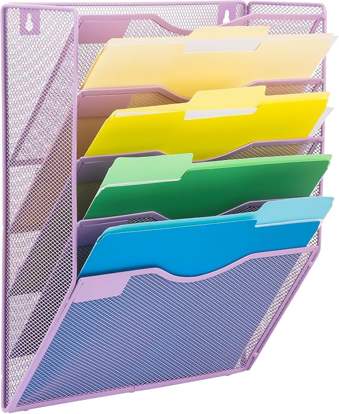 5 Pocket Mesh Hanging Wall File Organizer, Wall Mounted Mail Paper Document Folder Holder, Clipboard Storage Organization Magazine Rack with Nametag Label for Office Home School, Light Purple - Image 8