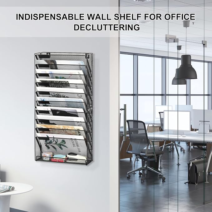 EasyPAG Wall File Holder 10 Tier Mesh Hanging Folder Organizer with Flat Tray Wall Mounted Mail Organizer Magazine Paper Desk Shelf with Nametag Label for Office Home School, Black - Image 4