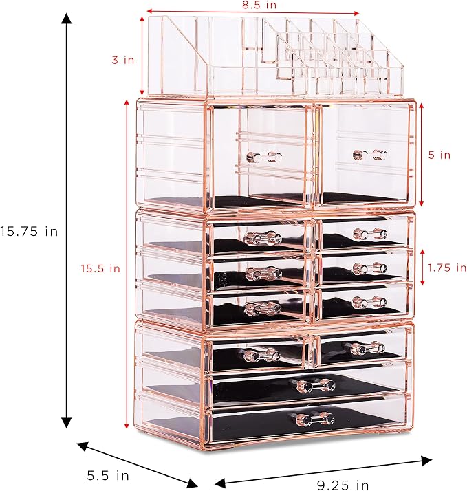 Sorbus Large Makeup Organizer - Clear Stackable Jewelry & Makeup Organizer For Vanity, Bathroom Storage, Dresser - 12 Drawers Cosmetic Beauty Organizers and Storage with Lipstick, Makeup Brush Holder - Image 3