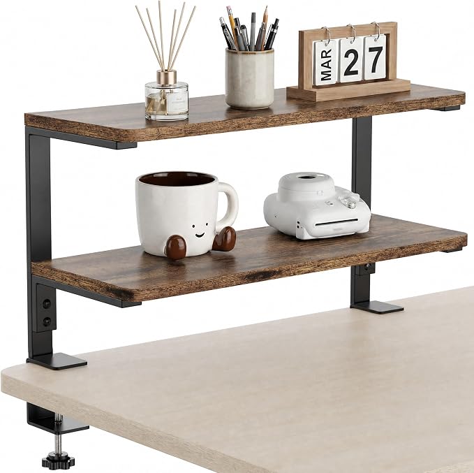 2-Tier Desk Extender, 22-inch Clamp-On Desk Shelf, Height-Adjustable Desktop Shelf Organizer for Monitors Office and Gaming Accessories, Arm Support Table Extension, Dark Brown by ART-GIFTREE