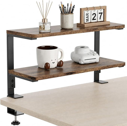 2-Tier Desk Extender, 22-inch Clamp-On Desk Shelf, Height-Adjustable Desktop Shelf Organizer for Monitors Office and Gaming Accessories, Arm Support Table Extension, Dark Brown by ART-GIFTREE