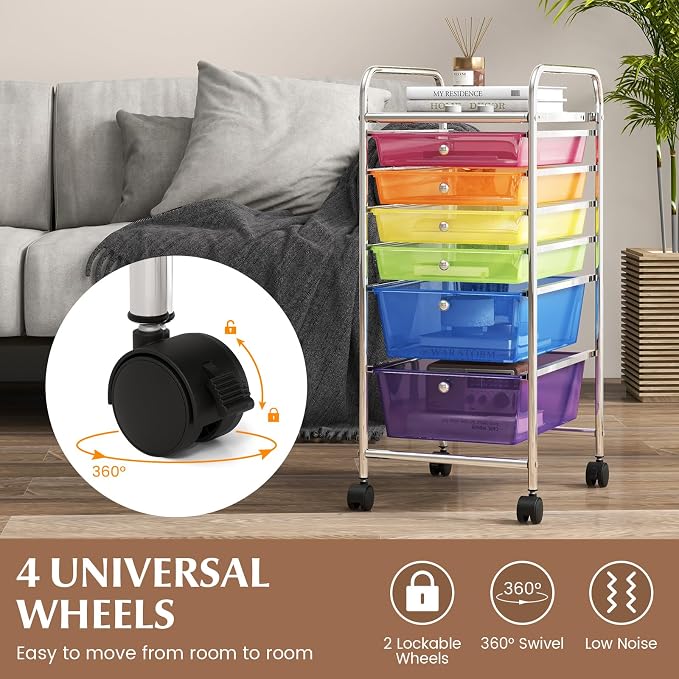 COSTWAY 6-Drawer Rolling Storage Cart, Art Craft Tools Organizer on Wheels | Multifunctional Heavy Duty Utility Mobile Storage Trolley w/ 2 Lockable Wheels for Home Office School (Rainbow) - Image 4