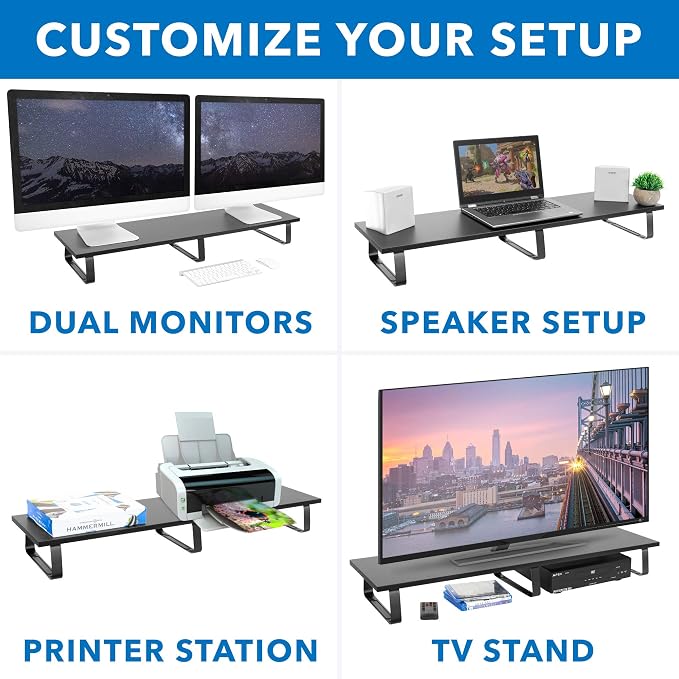 Mount-It! 39" Extra Long Dual Monitor Stand Riser – Ergonomic Desk Organizer for 2 Monitors, Laptop, TV, or Printer – Heavy-Duty Steel & Wood Desktop Shelf with Storage – Supports 44 Lbs – Black - Image 3