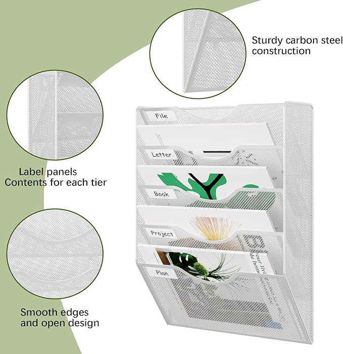 EasyPAG Wall File Organizer 5 Tier Hanging Paper Folder Holder, Zero Assembly Metal Mesh Wall Mounted Mail Organizer for Office Home Classroom Narrow Spaces, White - Image 4