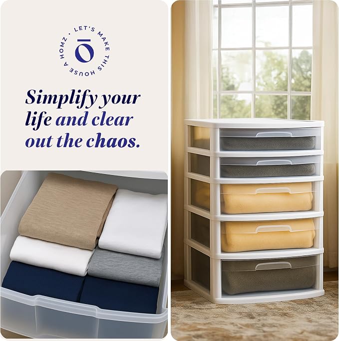 HOMZ Drawer Tower, 5-Tier Storage Cart with Removable Wheels, White Frame | Extra-Wide Plastic Organizer with Clear Bin Drawers for Bedroom, Bathroom, Home Office, and Dorm Rooms - Image 7