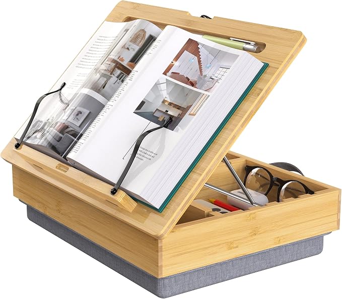 AboveTEK Book Stand for Reading with Storage, Adjustable Bamboo Book Holder with Soft Lap Cushion, Cookbook Stand, Hands-Free Book Reading Stand for Bed, Desktop & Kitchen Counter by AboveTEK