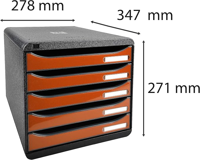 Exacompta - Ref 3097288D - Big-Box Plus Desktop Drawer Set - 5 x 43mm Drawers, Suitable for A4+ Documents, 347 x 278 x 271mm, 100% Recycled Plastic - Black/Glossy Tangerine - Image 2