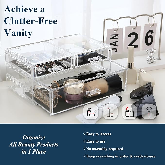 Sea Team Stackable Clear Acrylic Makeup Organizer with Drawers for Vanity | Cosmetic Display Case, Jewelry Storage Box with 1 Large and 2 Small Drawers, Ideal for Dresser, Bathroom, Countertop - Image 2