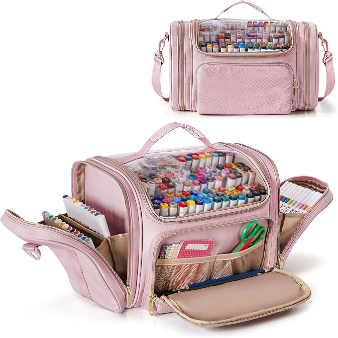 Rexmica Marker Organizer Case Storage Bag for 180-300 Markers, Pink | Detachable Divider, Shoulder Strap, Large Marker Travel Holder Case Bag for Adults for Various Markers or Art Craft Supply by Rexmica