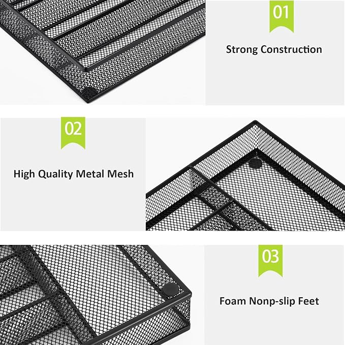 Neudeco Silverware Drawer Organizer, Black | 5 Compartment, Mesh Wire, Non-Slip Feet, Cutlery Tray - Image 4