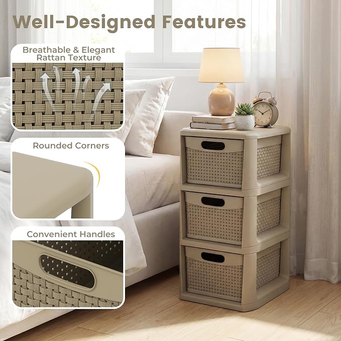 Giantex 2 Pack 3-Drawer Storage Organizer, Plastic Wicker Tower Baskets, Counterop & Under-desk Compact Container Boxes for Office, Bedroom, Bathroom, Living Room, Taupe - Image 6