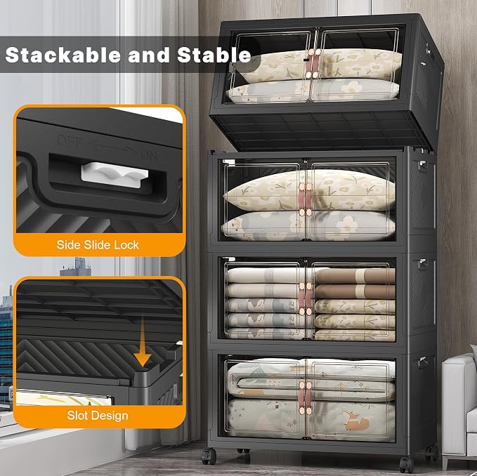 Stackable Storage Bins, 700QT Collapsible Drawers with 1 Lid | Large Capacity, Magnetic Door, Stack Lock, Rolling Wheels, Foldable Design, Organizers and Storage for Bedroom Dorm Garage - Image 3