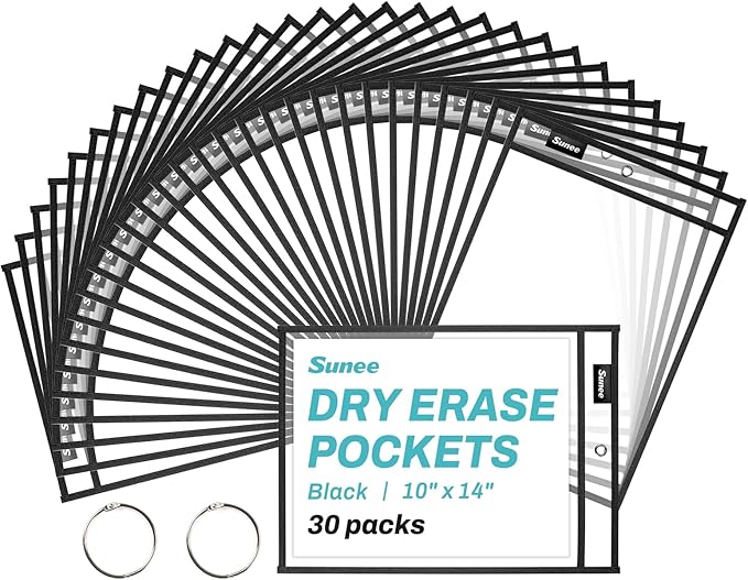 SUNEE 30 Packs Oversized Reusable Dry Erase Pocket Sleeves with 2 Rings, Black 10x14 Ticket Holders, Clear Plastic Sheet Protectors, Teacher School Classroom Supplies by SUNEE