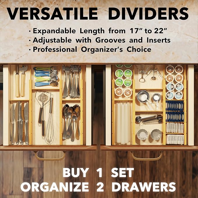SpaceAid Bamboo Drawer Dividers with Inserts and Labels, Kitchen Adjustable Drawer Organizers, Expandable Organization for Home, Office, Dressers, 7 Dividers with 15 Inserts (17"-22" Natural) - Image 5