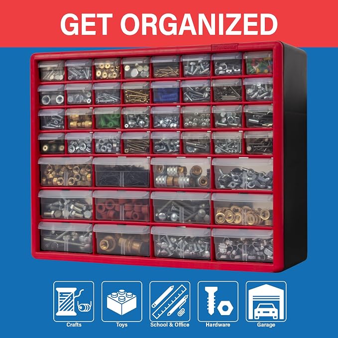Akro-Mils 44-Drawer Plastic Storage Cabinet, 20" W x 6" D x 16" H, Red | Plastic Cabinet w/ Drawers for Garage Organization, Beads, Building Bricks Storage, Teacher Toolbox, Makeup Organizer, 10144 - Image 4