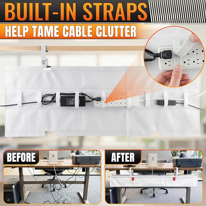Under Desk Cable Management Tray 48" — No Drill Clamp-On Cord Organizer for Desk with Built-in Ties, Heavy Duty Metal Clamp, Foldable 600D Oxford Fabric for Home Office, WFH & Gaming PC Setup (White) - Image 3