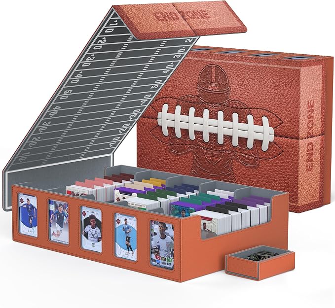Kabinka Football Card Storage Box with Window Display, 5-Row Sport Card Storage Box, 3900+ Card Deck Box for Football Sports Card TCG, 5 Top Loaders, 5 Stoppers, 48 Dividers, 1 Dice Tray(Football 1) by Kabinka