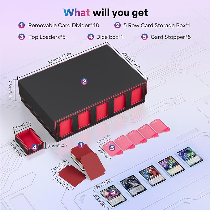 UAONO 5-Row Trading Card Storage Box with Commander Display, Black Red | 3900+ Card Box with Removable Cover, Card Case Fits MTG TCG Sports Cards, 48 Dividers, 5 Stoppers, 5 Top Loaders, Dice Box - Image 6