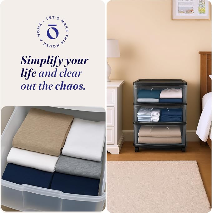 HOMZ Drawer Tower, 3-Tier Storage Cart with Removable Wheels, White Frame | Wide Plastic Organizer with Clear Bin Drawers for Bedroom, Bathroom, Home Office, and Dorm Rooms - Image 5