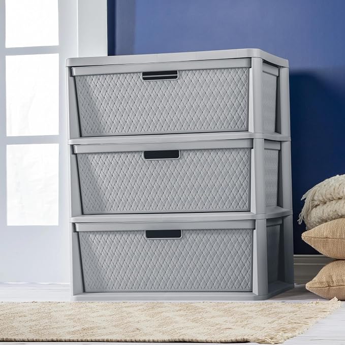 2 PCS,3-Drawer Storage Tower, Wide Plastic Organizer with Removable Bins | Decorative Weave Design, Tool-Free Assembly, Removable Bins, Carry Handles, Drawer Stops, BPA-Free - Image 4