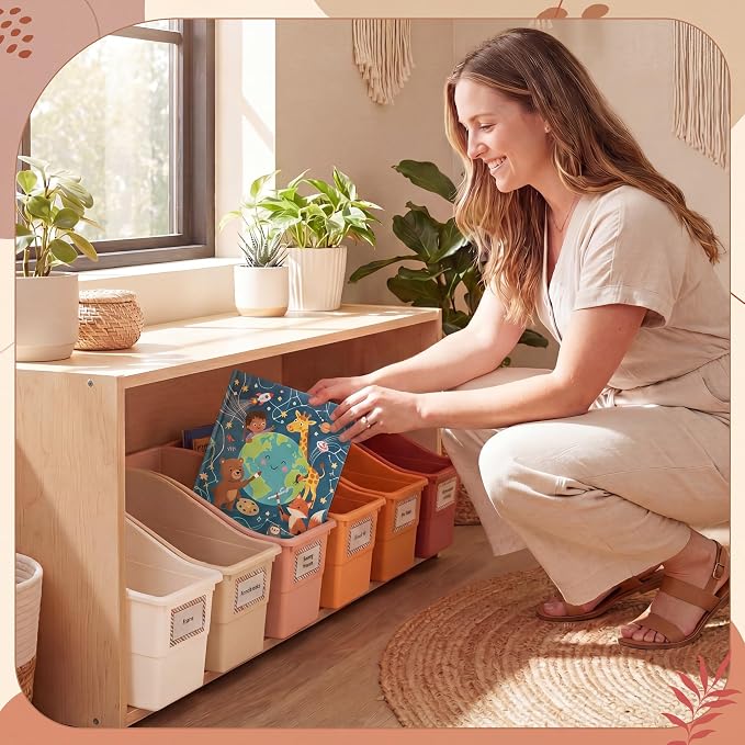 Blosssound 6 Set Book Bins for Classroom with Label Sticker Book Box Baskets Plastic Stackable Organizing Bins Storage & Organization for Classroom Library Home School Supplies (Earth Tones) - Image 7