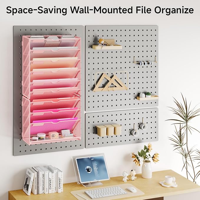 Lavatino 10-Tier Hanging Wall File Folders Organizer - Pink Metal Mesh Paper Magazine Document Mail Holder File Organizer for Office School Home Wall Mount or Desk Supplies Organization - Image 5
