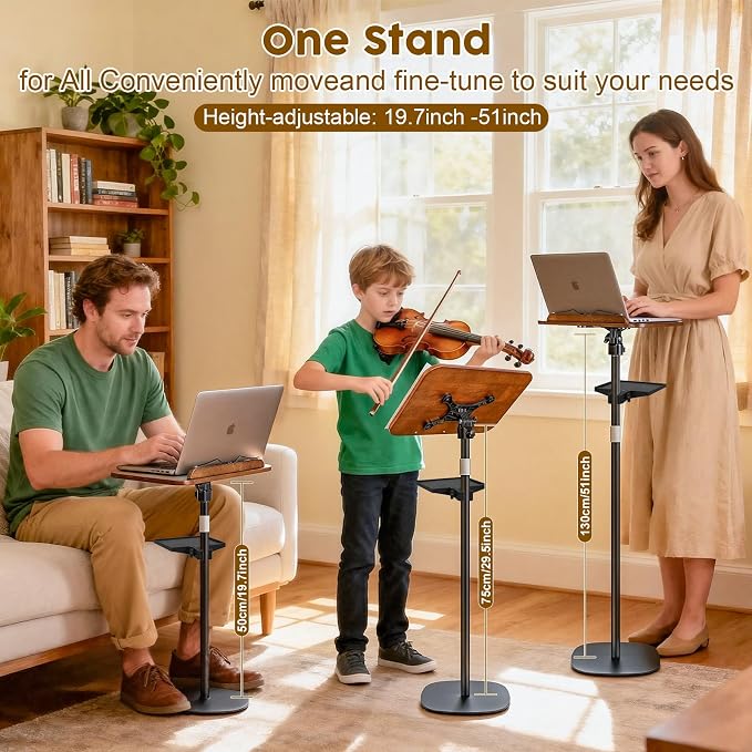 2 in 1 Dual-use Music Stand & Desktop Book Stand, Adjustable Height 16.5"-51", 100% Solid Wood Laptop Floor Stand Book Holder with Elastic Page Clips for Cookbooks (Black Walnut with Tray) - Image 3