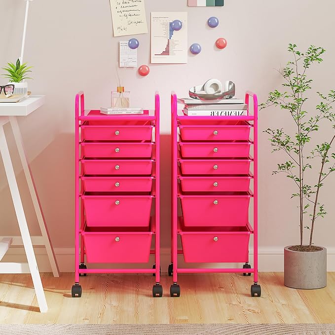 COSTWAY 6-Drawer Rolling Storage Cart, Art Craft Tools Organizer on Wheels | Multifunctional Heavy Duty Utility Mobile Storage Trolley w/ 2 Lockable Wheels for Home Office School (Hot Pink) - Image 8