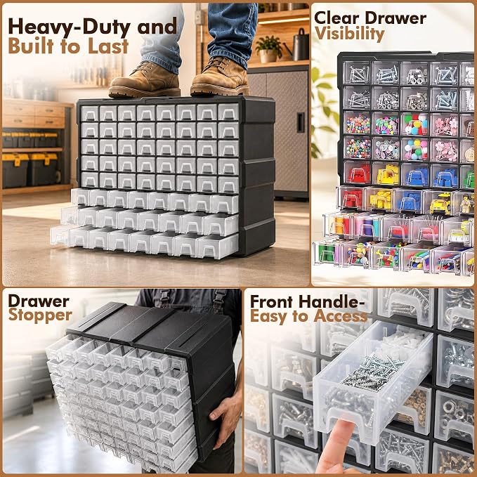 64-Drawer Organizer for Garage Building Bricks Storage, Drawer Storage Cabinet with Dividers and Labels for Hardware,Screws,Nuts Bolts, Garage Tools,Charms,Beads,Craft,Scrapbook - Image 7
