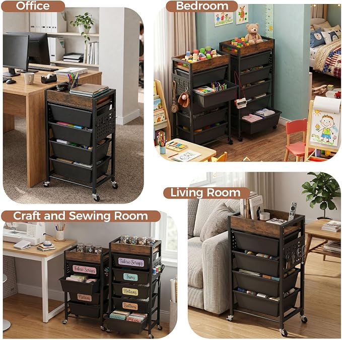 6 Tier Rolling Cart with Drawers, Plastic Drawer Storage Craft Cart with Pegboards & Hooks, Metal Utility Cart with Wheels & Wooden Tabletop, Classroom Office Art Supply Organizers and Storage, Black - Image 6